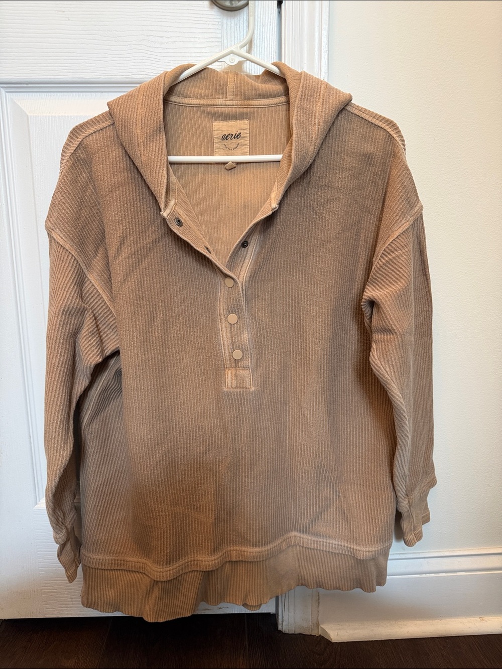 aerie Hooded Ribbed Henley Sweater in Light Brown